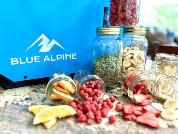 freeze dried fruit next to the blue alpine freeze dryer