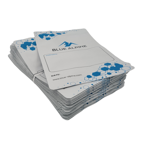 White Mylar Bag Stack Blue Alpine Logo