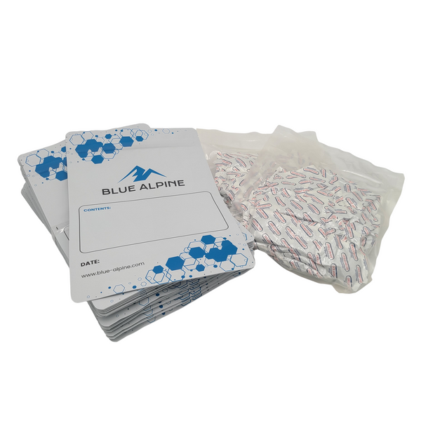 White Mylar Bag Stack Blue Alpine Logo 2 Packs Oxygen Absorbers