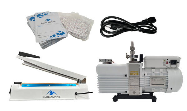 Includes the Commercial Vacuum Pump, Cord, Impulse Sealer, Mylar Bags, and Oxygen Absorbers